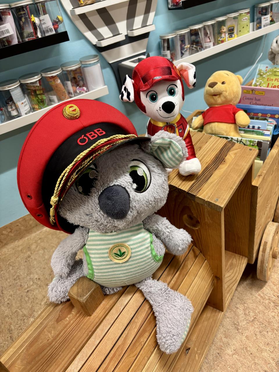 Kuscheltierübernachtungsparty Zugfahrt Koala mit ÖBB Mütze