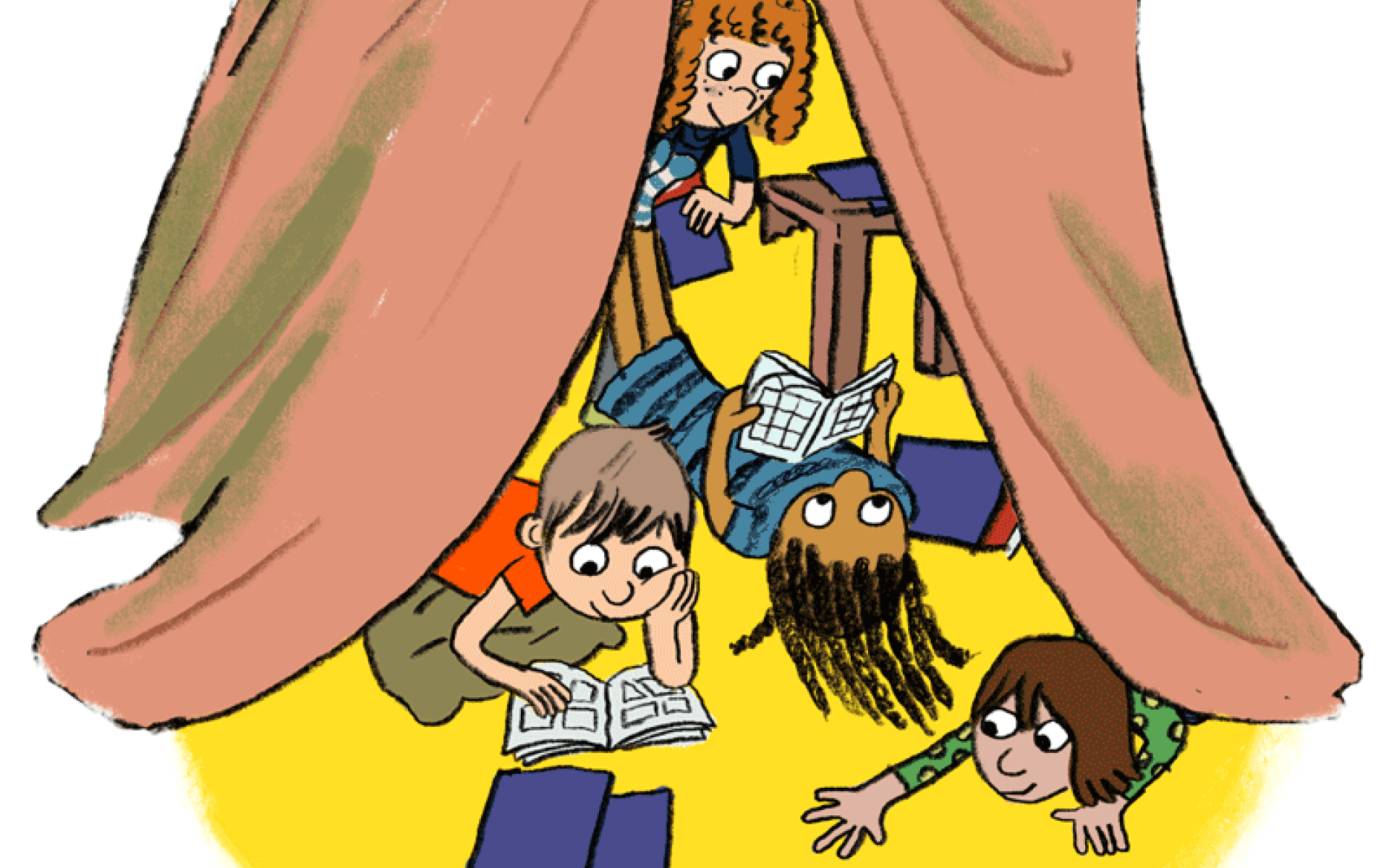 Gratis Comic Tag Kinder im Zelt lesend