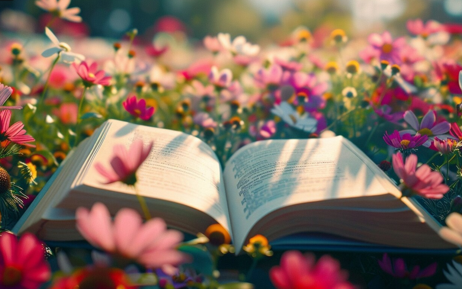 Buch aufgeschlagen in Blumenwiese